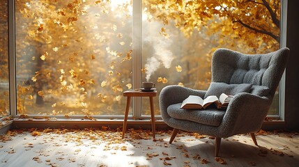 A cozy armchair by a large window, an open book on the armrest and a steaming cup of tea on the side table, with golden autumn leaves falling from a tree outside.