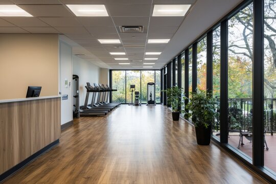 A break room transformed into a fitness hub, complete with exercise equipment like resistance bands and weights. Generative AI