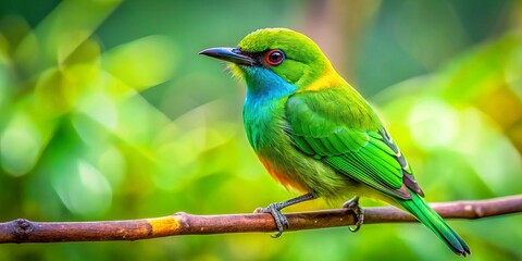 A bright green chucker bird rests on a branch, beautifully contrasting against a softly blurred natural backdrop,