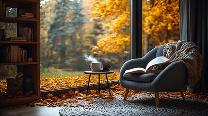 A cozy armchair by a large window, with an open book and a steaming cup of coffee on the small table beside it, framed by fallen golden leaves outside.
