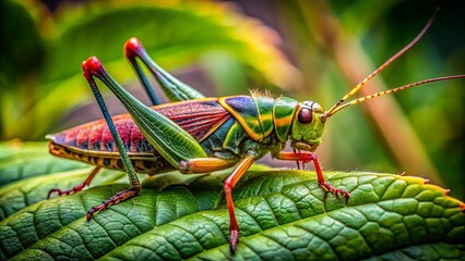 Fototapeta premium A bush cricket perches on a green leaf, showcasing intricate details of its body, perfectly blending into its