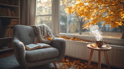 A cozy armchair by a wide window, an open book on the seat and a steaming tea cup on the side table, with golden autumn leaves gently drifting from a tree outside.