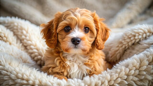 A charming Cavapoo puppy with bright eyes and fluffy fur lounges on a soft blanket, epitomizing coziness in