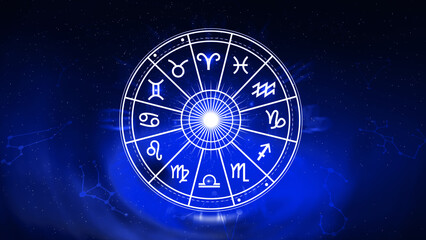 Concept of astrology and horoscope, person inside a zodiac sign wheel, Astrological zodiac signs inside of horoscope circle, Astrology, knowledge of stars in the sky, power of universe concept.