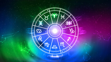 Concept of astrology and horoscope, person inside a zodiac sign wheel, Astrological zodiac signs inside of horoscope circle, Astrology, knowledge of stars in the sky, power of universe concept.
