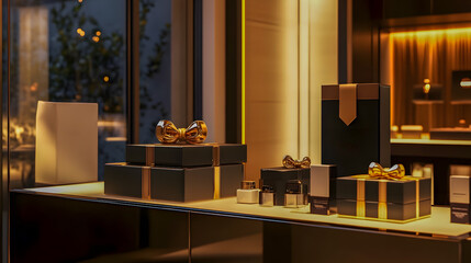 Elegant Display of Luxury Gift Boxes in Storefront