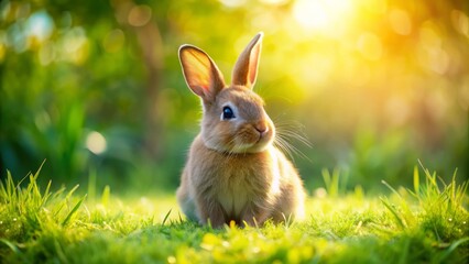Fototapeta premium A charming Miniature Rex Bunny relaxes on lush green grass, basking in the sun, surrounded by a vibrant