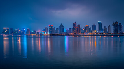 Naklejka premium Seaside City Nightscape Under the Sunset