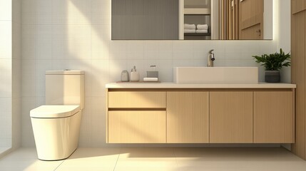 Fototapeta premium A minimalist bathroom with a flush toilet, sink, and simple storage cabinet, perfect for a clean and modern look.