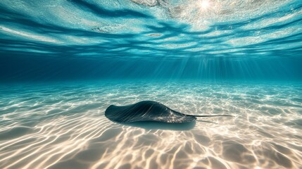 Fototapeta premium Graceful Stingray Gliding in Crystal-Clear Waters with Sunlit Sandy Bottom - Tranquil Underwater Scene
