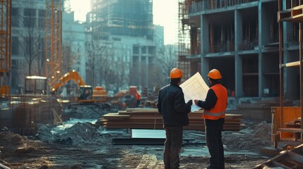 engineer and an architect reviewing blueprints and construction plans together at a bustling construction site