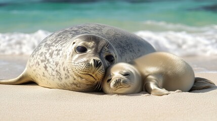 A mother seal and her pup lying side by side on a sandy beach, with the pup nuzzling close for warmth and comfort
