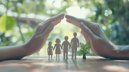 Family on wood table protected by hand. Healthcare and life insurance concept.