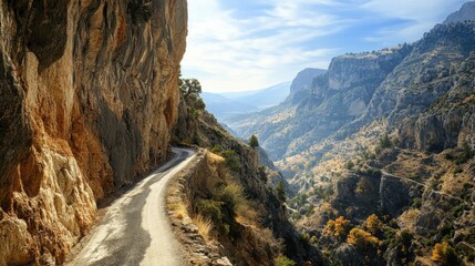A narrow mountain road carved into the side of a cliff, with breathtaking views of the valley far below.