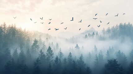 flying birds and morning fog and a forest