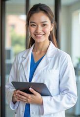 Obraz premium Smiling female doctor in a white coat, holding a tablet in a modern clinic.