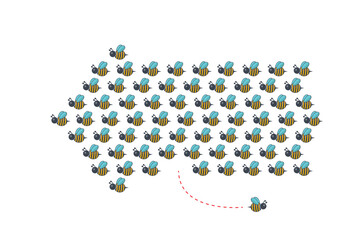 Think differently concept. One bee changing direction. Vector illustration	