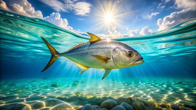A colorful Palometa fish dances elegantly through the sparkling blue ocean, gliding effortlessly beneath the warm rays