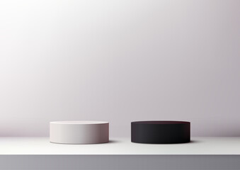 Minimalist 3D Podiums with White and Black Cylinders for Product Display in Modern Neutral Designs