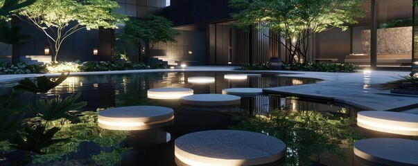 Fototapeta premium An urban escape with a sophisticated water garden, reflective pools, floating stepping stones, and soft, underfoot lighting for a nighttime glow
