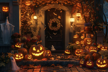 Obraz premium Quintessential Halloween Scene at a Cozy Home Entrance