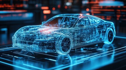 Holographic 3D display showcasing the digital layout and intricate electrical wiring system of a modern automobile