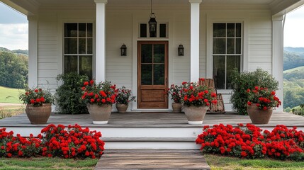 Naklejka premium Scenic view from porch with red flowers and green fields.
