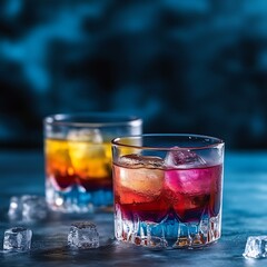 Two layered cocktails with ice cubes on blue background.