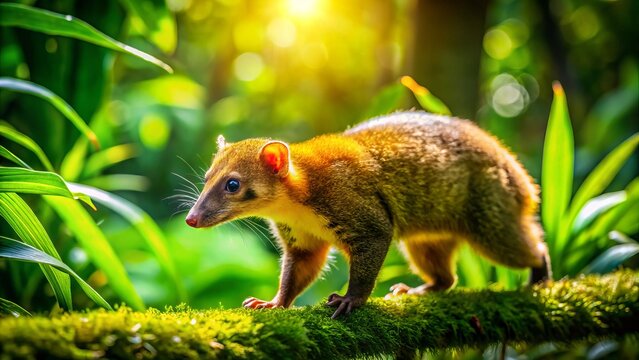 A curious quati wanders through a vibrant green forest, basking in the bright sunlight, discovering the wonders of