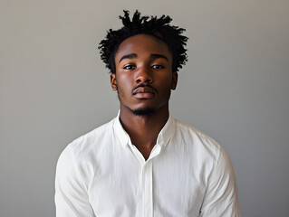 Obraz premium Serious Young Black Male Model Portrait in White Shirt with Styled Hair Against Neutral Background