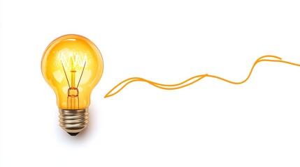 A lit light bulb with a yellow wire on a white background