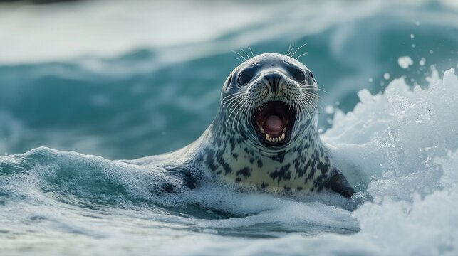 A seal pup calling out for its mother, its mouth open in a soft cry, with the ocean waves rolling behind it.