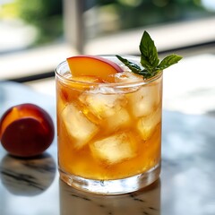 Peach iced tea with a peach slice and basil leaf garnish.