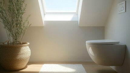 A small bathroom with a flush toilet under a skylight, bringing natural light to the space and highlighting the toilet's clean design.