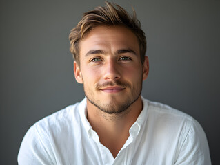 Handsome Young Man Smiling in Casual Portrait with Neutral Background