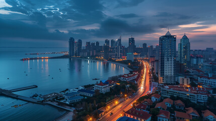 Seaside City Nightscape Under the Sunset