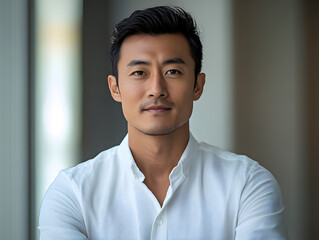Confident Young Adult Man in White Shirt Smiling in Casual Business Attire with Arms Crossed in Natural Light