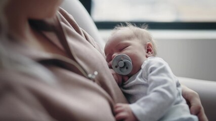 Mother gently rocks her newborn in a cozy chair while nurturing - Powered by Adobe