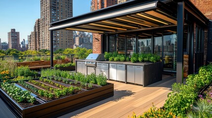 Fototapeta premium An urban roof deck with modular planting beds, a retractable awning, and streamlined outdoor kitchen units