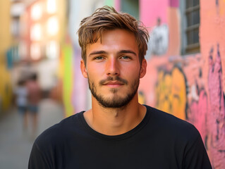 Fototapeta premium Trendy Young Man Portrait with Beard Smiling Against Colorful Urban Wall