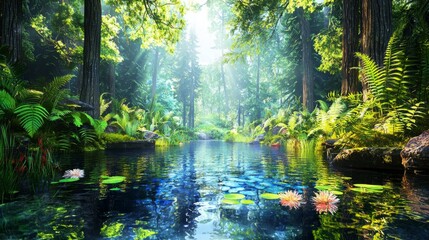 Obraz premium Tranquil forest scene with a serene pond, surrounded by lush greenery and sunlight.