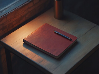 red leather notebook and pen on wooden table in warm light