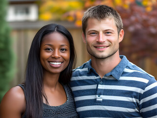 Diverse Young Couple Smiling Together in Nature Portrait on a Summer Day