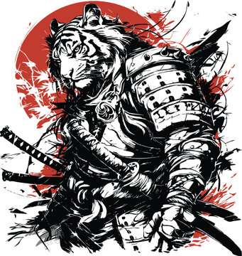 A tiger in a dynamic pose, with samurai armor in the background, stylized in bold Japanese line art, fierce and heroic mood, moonlit ligh