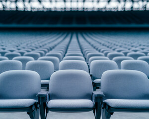 Fototapeta premium Empty stadium with clean, exposed seats under void sky, creating serene and contemplative atmosphere. rows of seats stretch endlessly, inviting reflection