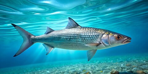 Naklejka premium A lively mullet fish glides through crystal-clear blue water, highlighting its distinct shape and vibrant color