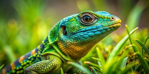 Fototapeta premium A Long Tailed Grass Lizard blends seamlessly into lush green grass, showcasing nature's incredible camouflage in