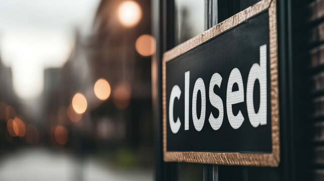 closed sign on storefront reflects impact of economic recession, evoking sense of loss and uncertainty in community