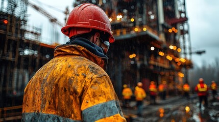 Construction workers braving rain at a bustling construction site during the early evening, highlighted by glowing lights in the backdrop