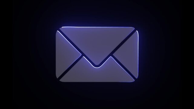 Neon text message icon blue color glowing animation black background.